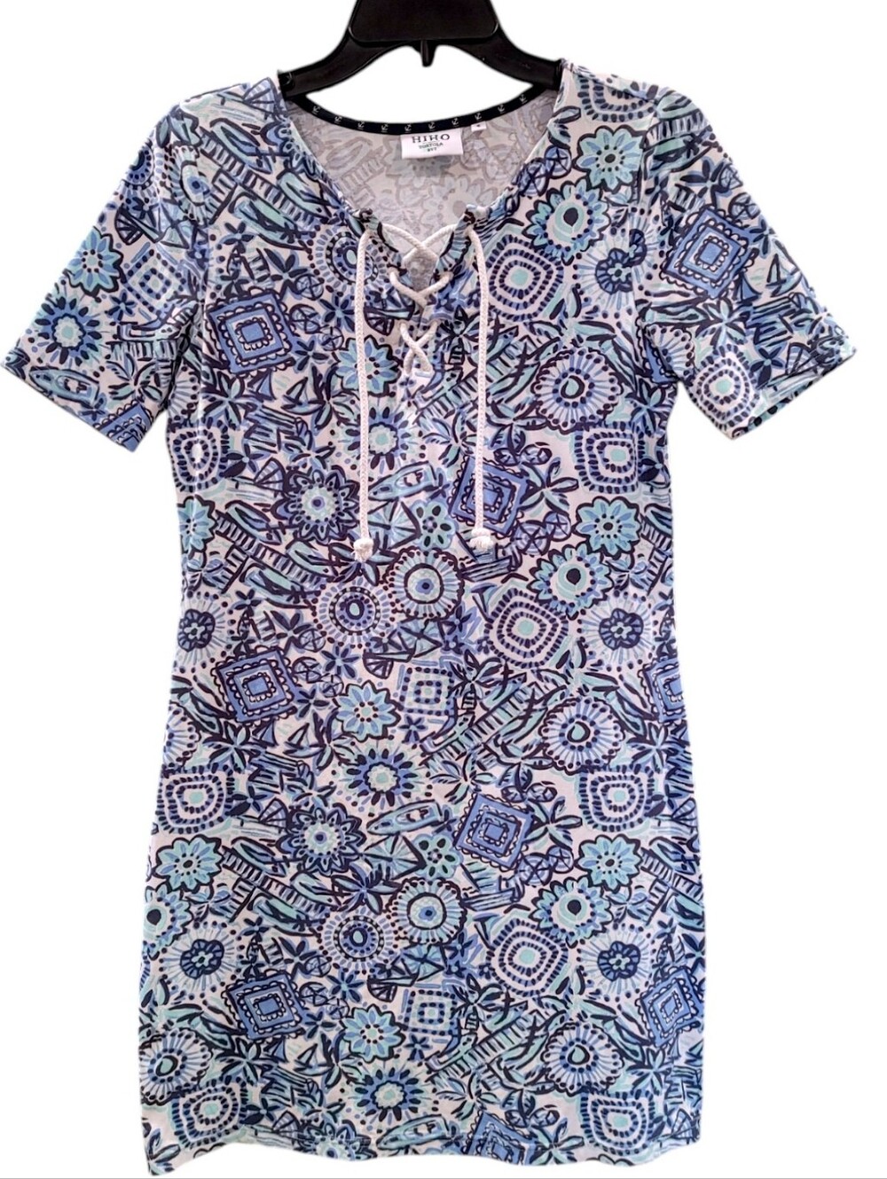 Hiho Blue Tropical Graphic Pattern Short Sleeve Cotton Mini Dress Women's Size S
